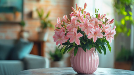 A soft pink vase is filled with delicate white and pink blossoms, positioned on a table in a cozy living area. Natural light filters through, enhancing the inviting atmosphere of the room.の素材