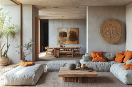 A modern living room features light colored sofas adorned with orange cushions, a wooden coffee table, and a large mountain artwork.の素材