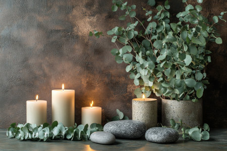 A calming spa arrangement featuring a stone bowl filled with greenery, plush towels, and candles providing soft light to create a peaceful atmosphere for relaxation.の素材