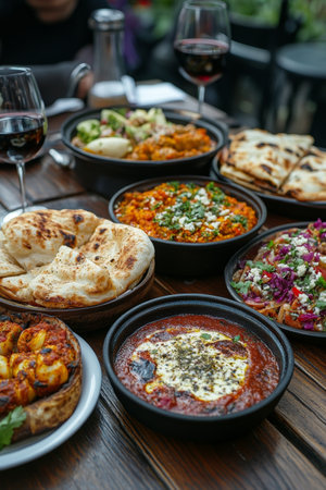Various Mediterranean dishes are beautifully arranged on a wooden table.の素材