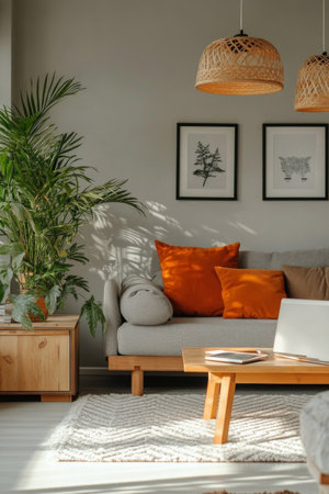 The bright living room showcases a comfortable couch adorned with orange cushions. Nearby, a plant adds a touch of greenery, enhancing the inviting atmosphere of the sunny space.の素材
