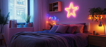A comfortable bedroom features a large bed adorned with plush pillows and blankets. The room glows with purple and pink lights, creating a relaxing atmosphere.の素材