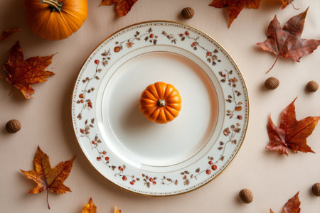 A small orange pumpkin sits center stage on a beautifully adorned plate. Surrounding it are colorful autumn leaves and nuts, evoking a cozy seasonal atmosphere in soft natural light.の素材