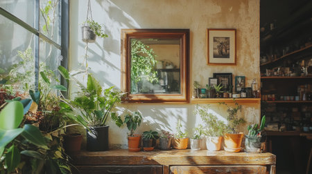 A bright corner of a living space showcases a variety of indoor plants and a round mirror. Sunlight illuminates the vibrant greenery, creating a tranquil and inviting atmosphere.の素材