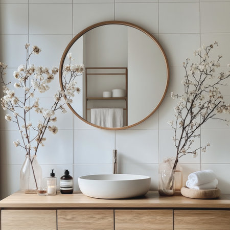 This modern bathroom features a round mirror and a stylish sink on a wooden vanity. Two elegant branches with white blooms add a touch of nature to the tranquil decor.の素材