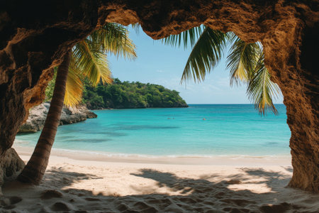 A beautiful beach is visible through a rocky cave, featuring soft sand, clear turquoise water, and swaying palm trees under a bright blue sky with fluffy clouds.の素材