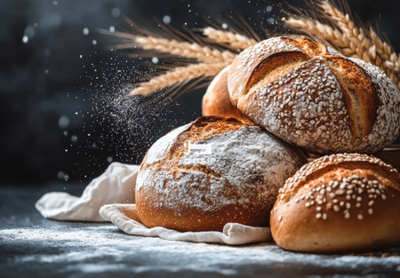 Different types of freshly baked breads are displayed alongside wheat stalks, highlighting their texture and color. The warm setting emphasizes the artisanal quality of the breads.の素材