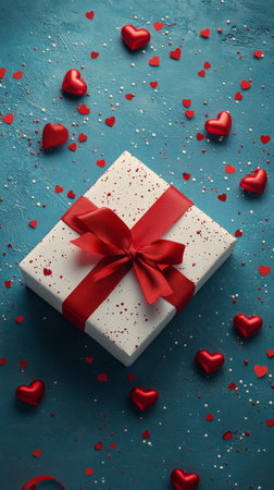 A beautifully wrapped gift box sits at the center, adorned with a vibrant red ribbon. Heart shaped confetti surrounds it, creating a festive and romantic atmosphere perfect for celebrations.の素材