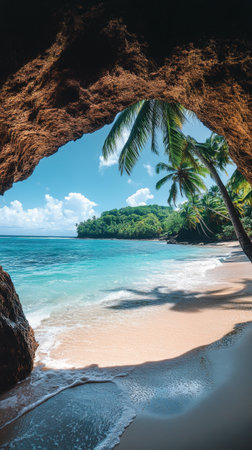 Looking out from a rocky cave, golden sand leads to a tranquil turquoise sea. Palm trees sway gently against the backdrop of a bright blue sky filled with fluffy clouds.の素材