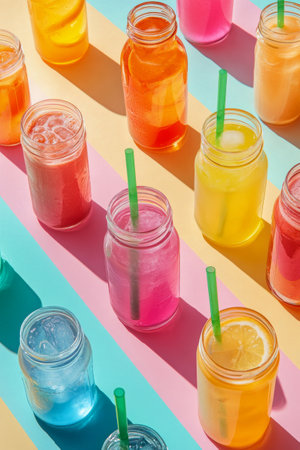 A collection of assorted fruit drinks is arranged artistically with bright colors. Citrus fruits complement the beverages, creating a cheerful and inviting atmosphere.の素材