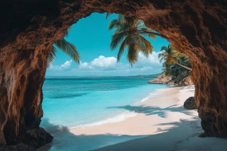 A beautiful beach is visible through a rocky cave, featuring soft sand, clear turquoise water, and swaying palm trees under a bright blue sky with fluffy clouds.の素材