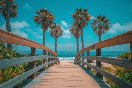 The wooden walkway curves through lush greenery, connecting visitors to the sandy beach. Palm trees stand tall against the bright blue sky, creating a tropical atmosphere in this coastal paradise.の素材