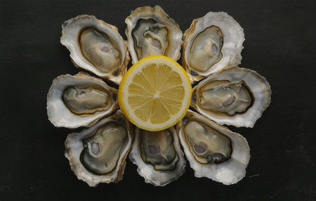 A selection of freshly opened oysters sits on a dark surface, accompanied by lemon wedges. The oysters are glistening and enticing, ready to be enjoyed raw.の素材