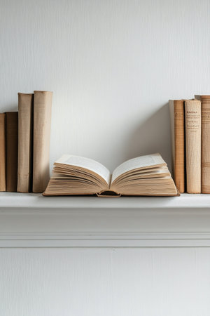 The bookshelf displays an array of vintage books arranged neatly, with a larger open book resting on the lower shelf, inviting readers to explore its pages and stories.の素材