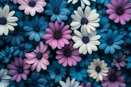 A collection of daisies in shades of blue, purple, and white fills the space, arranged closely together against a dark backdrop. The contrast highlights their vibrant colors and textures beautifully.の素材