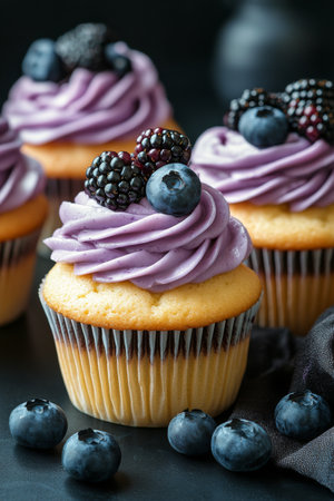 A decadent cupcake features swirls of purple and white frosting topped with fresh blueberries and blackberries. Juicy raspberries surround the treat, enhancing its appeal for dessert enthusiasts.の素材