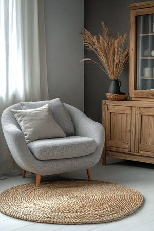 A stylish, modern chair with a cushion is positioned next to a wooden cabinet. Natural decor, including dried plants, complements the neutral tones of this inviting living room corner.の素材