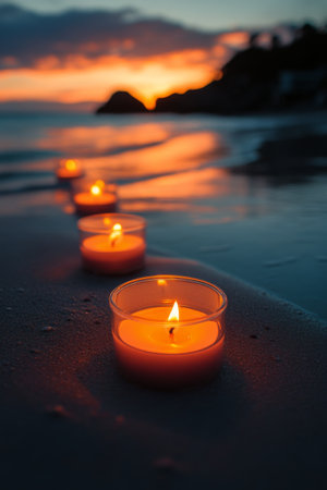 Soft waves gently lap the shore as candles are arranged along the sandy beach, casting a warm glow during a tranquil sunset. The sky is painted in shades of orange and purple.の素材