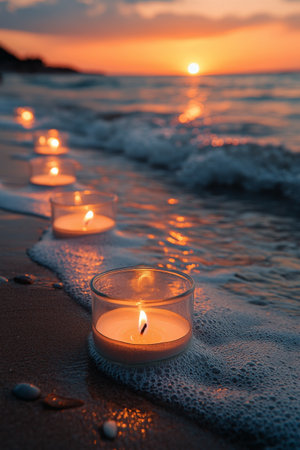 Soft waves gently lap the shore as candles are arranged along the sandy beach, casting a warm glow during a tranquil sunset. The sky is painted in shades of orange and purple.の素材