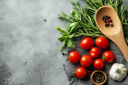 A collection of ripe tomatoes, fresh basil, and rosemary is laid out on a countertop, alongside garlic and a wooden spoon, ready for meal preparation and cooking.の素材