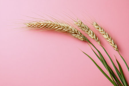 A cluster of dried wheat stalks rests against a soft pink background, showing their natural texture and color. The simplicity of the arrangement emphasizes the beauty of the wheat.の素材