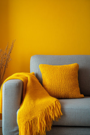 A well decorated living space features a gray sofa adorned with a bright yellow blanket. Nearby, a decorative branch with yellow flowers adds warmth to the cheerful yellow wall.の素材