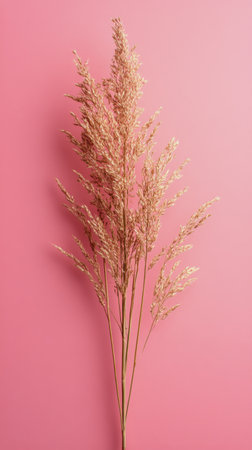Delicate dried grass stands gracefully against a soft pink backdrop, highlighting a minimalist and calming arrangement ideal for decor or creative projects.の素材