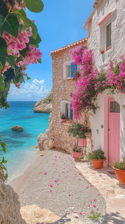 A picturesque coastal villa bright features pink doors and is adorned with lush purple flowers. The tranquil turquoise waters gently lap against the rocky shoreline under a clear blue sky.の素材