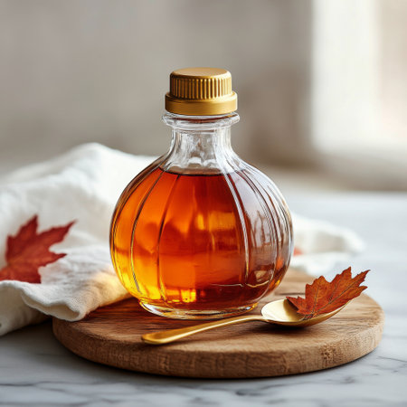 A beautifully shaped glass bottle filled with rich maple syrup rests on a wooden board. Nearby, a gold spoon and vibrant autumn leaves enhance the warm, inviting atmosphere of the kitchen.の素材