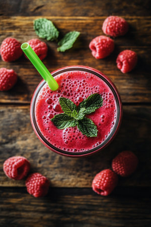 A vibrant raspberry smoothie is served in a glass with a green straw, garnished with a mint leaf and fresh raspberries.の素材