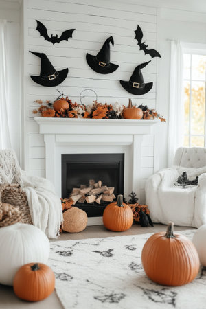 The living room features a warm fireplace with glowing pumpkins and black bat decorations on the walls. Autumnal colors create a festive atmosphere perfect for Halloween gatherings and celebrations.の素材