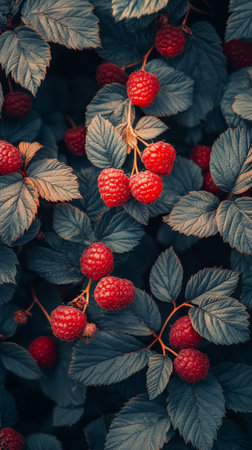 A close up view of numerous fresh raspberries reveals their glossy surface and fine details of their texture. The rich red color stands out vividly against the deeper background of more berries.の素材