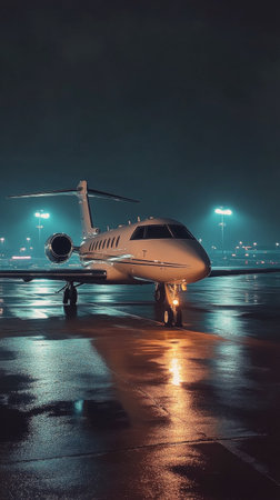 A sleek private jet is parked on a shining runway as rain falls during the night. Bright lights from the airport illuminate the scene, creating a vibrant atmosphere and reflecting on the wet surface.の素材