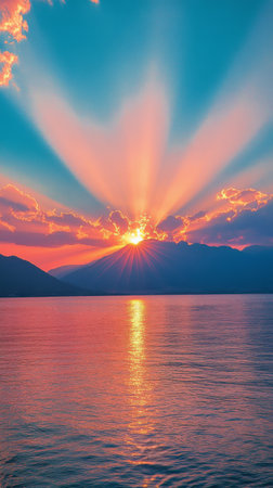 The sun sets over a calm lake, casting brilliant hues across the water. Rays of light spread out from the horizon, highlighting the silhouette of distant mountains amid a colorful sky.の素材
