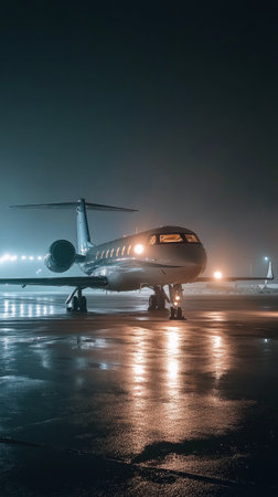 A sleek private jet is parked on a shining runway as rain falls during the night. Bright lights from the airport illuminate the scene, creating a vibrant atmosphere and reflecting on the wet surface.の素材