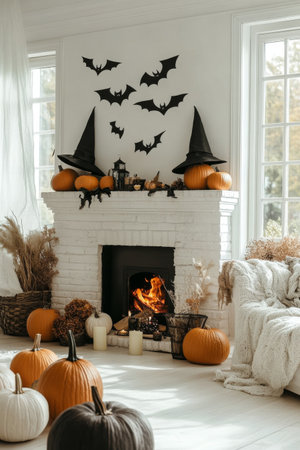 The living room features a warm fireplace with glowing pumpkins and black bat decorations on the walls. Autumnal colors create a festive atmosphere perfect for Halloween gatherings and celebrations.の素材
