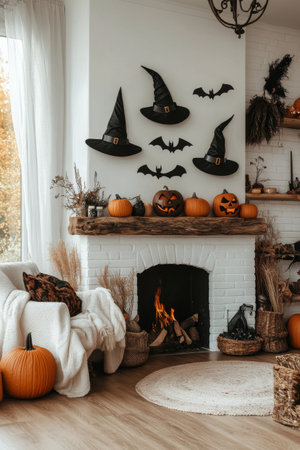 The living room features a warm fireplace with glowing pumpkins and black bat decorations on the walls. Autumnal colors create a festive atmosphere perfect for Halloween gatherings and celebrations.の素材