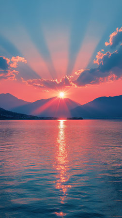 The sun sets over a calm lake, casting brilliant hues across the water. Rays of light spread out from the horizon, highlighting the silhouette of distant mountains amid a colorful sky.の素材