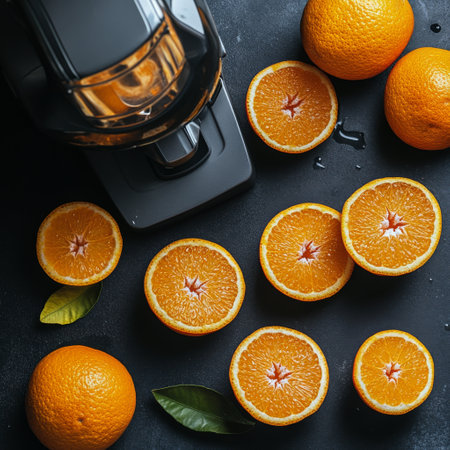 Whole oranges are sliced around a small glass of orange juice, surrounded by green leaves on a dark kitchen counter, highlighting the juicing process and vibrant colors.の素材