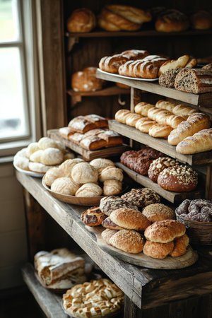 A variety of freshly baked breads and pastries are arranged neatly on wooden shelves in a rustic bakery setting. The warm tones and textures create an inviting atmosphere for customers.の素材