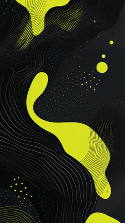 The artwork displays a vibrant abstract design with flowing yellow and green waves contrasting against a dark textured background, creating a dynamic visual appeal.の素材