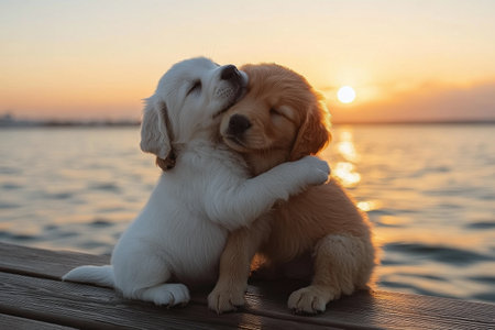 Two cute puppies, one white and one golden, snuggle together on a wooden dock. The sun sets over the calm water, creating a warm and peaceful atmosphere.の素材