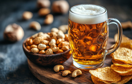 A chilled glass of beer sits on a wooden table next to a bowl filled with mixed nuts and a plate of crunchy tortilla chips. Soft natural light enhances the inviting setup.の素材