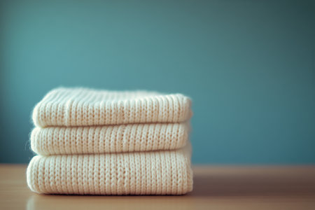 A soft cream sweater is carefully folded and placed on a wooden table. Sunlight streams in through the window, highlighting the delicate branches of flowers nearby.の素材