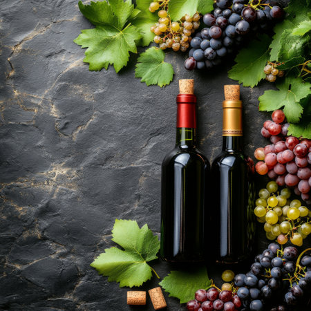 Two bottles of wine rest on a dark rustic table, surrounded by vibrant green and purple grapes. Lush grape leaves add a natural touch to the arrangement, evoking a vineyard atmosphere.の素材