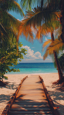 A wooden walkway stretches towards a beautiful beach, framed by lush palm trees and vibrant greenery. The turquoise ocean glimmers under the bright, sunny sky.の素材