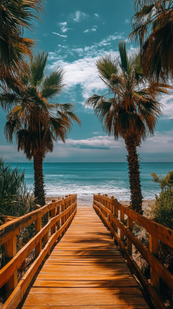 A wooden walkway stretches towards a beautiful beach, framed by lush palm trees and vibrant greenery. The turquoise ocean glimmers under the bright, sunny sky.の素材