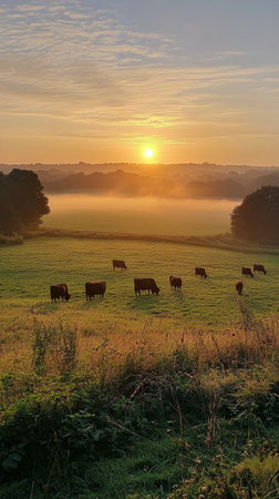 A tranquil sunset casts golden hues over rolling green hills where cows are grazing calmly. The scenery features a serene river and mist rising in the distance, enhancing the peaceful atmosphere.の素材