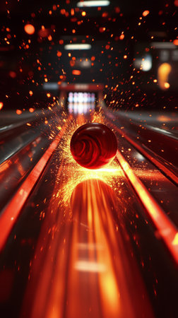 A bowling alley lane illuminated by vibrant lights reflects warm orange hues amidst scattered sparks. Players focus on their next moves, capturing the energy of the game night.の素材
