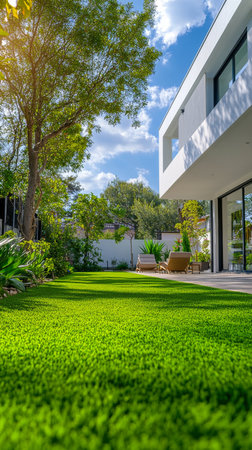 A beautifully designed modern garden at sunset showcases a vibrant green lawn, stone pathways, and a comfortable seating area. The warm glow of the setting sun enhances the tranquil atmosphere.の素材